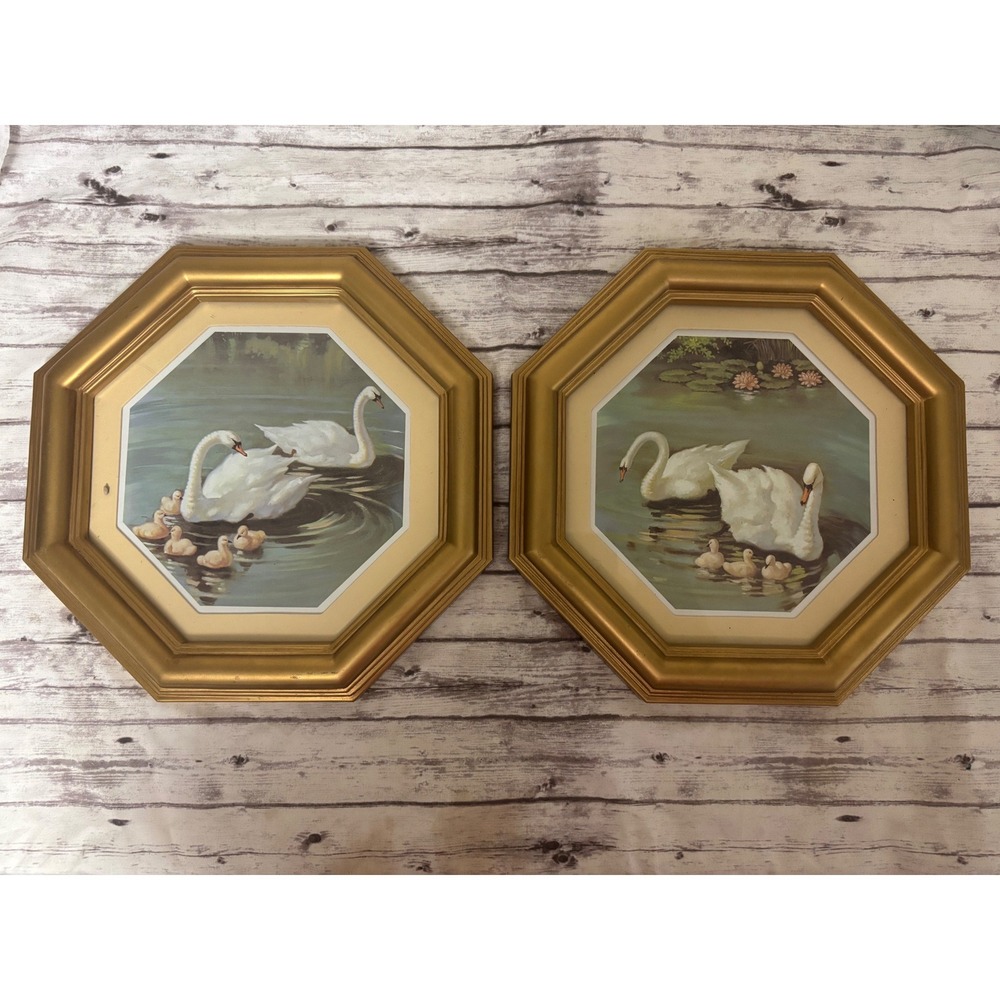Vintage 90s Swan Family Octagonal Framed Prints Gold Tone Wall Art Set of 2